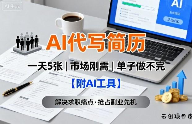 AI代写简历，一天5张，今年找工作难，市场刚需，单子做不完【附AI工具】-云创项目库