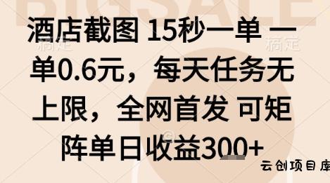 酒店截图项目，15秒一单，一单0.6米，每天任务无上限，全网首发可矩阵单日收益3张+【揭秘】-云创项目库