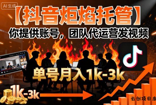 【抖音炬焰托管】你提供账号，团队代运营发视频，单号月入1k+【揭秘】-云创项目库