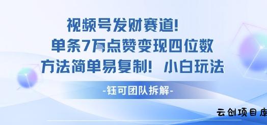 视频号发财赛道单条7W点赞变现四位数方法简单易复制小白玩法-云创项目库