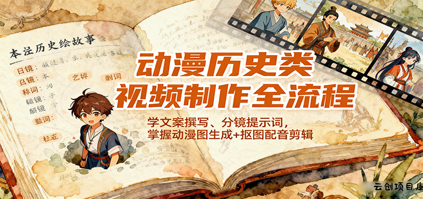 动漫历史类视频制作全流程，学文案撰写、分镜提示词，掌握动漫图生成+抠图配音剪辑-云创项目库