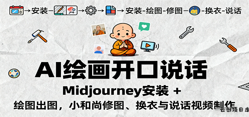 AI绘画开口说话，Midjourney安装 + 绘图出图，小和尚修图、换衣与说话视频制作-云创项目库