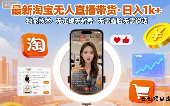 最新淘宝无人直播带货，日入1k+，独家技术，无违规无封号，无需露脸无需说话【揭秘】-云创项目库
