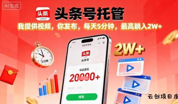 【头条号托管】我提供视频，你发布，每天5分钟，最高躺入2W+【揭秘】-云创项目库