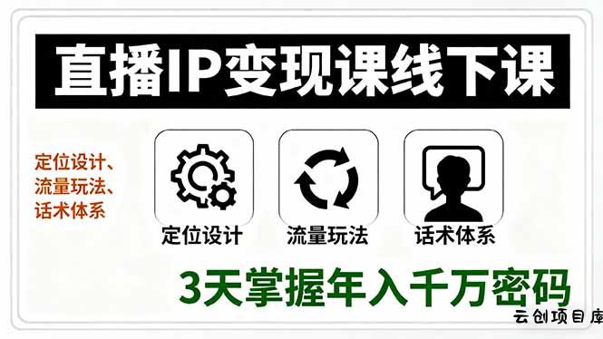 直播IP变现课线下课，定位设计、流量玩法、话术体系，3天掌握年入千万密码-云创项目库