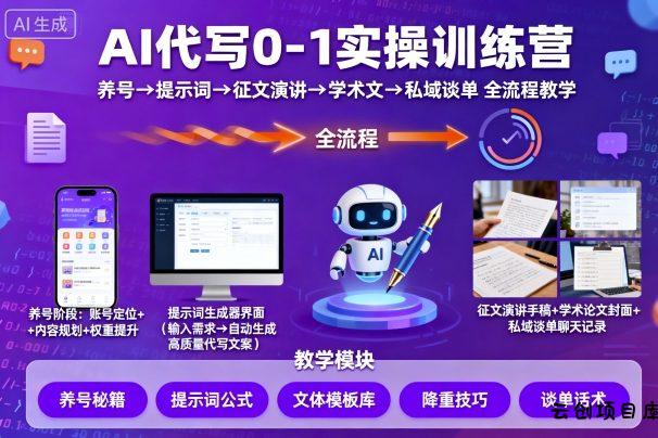 AI代写0-1实操训练营，从养号、提示词、征文演讲、学术文，到私域谈单的全流程教学-云创项目库