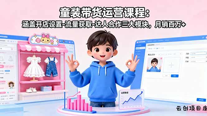 童装带货运营课程：涵盖开店设置-流量获取-达人合作三大模块，月销百万+-云创项目库