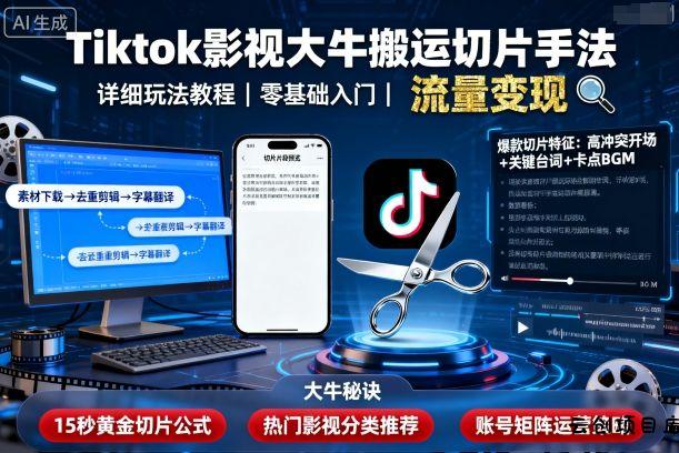 Tiktok影视大牛搬运切片手法，详细玩法教程-云创项目库