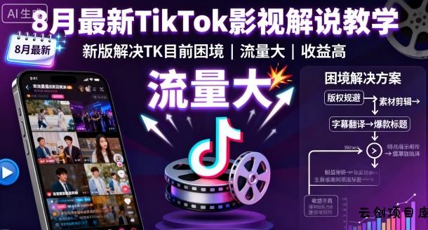8月最新TikTok影视解说教学，新版解决TK目前困境，流量大，收益高-云创项目库