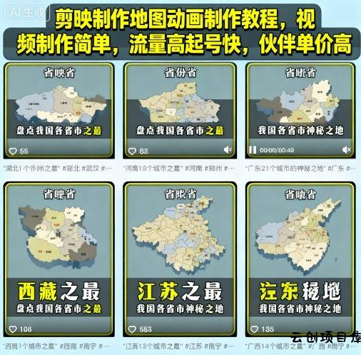 剪映制作地图动画制作教程，视频制作简单，流量高起号快，伙伴单价高-云创项目库