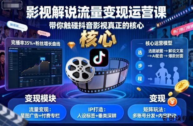 影视解说流量变现运营课，带你触碰抖音影视真正的核心-云创项目库