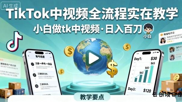 TikTok中视频全流程实操教学，小白做tk中视频，日入百刀-云创项目库