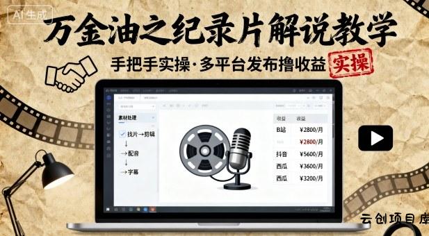 万金油之纪录片解说教学，手把手教你，完全实操，多平台发布撸收益-云创项目库