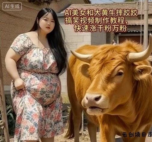 AI美女和大黄牛摔跤搞笑荒诞视频制作教程，快速涨千粉万粉-云创项目库