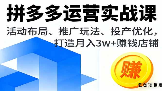 拼多多运营实战课，活动布局、推广玩法、投产优化，打造月入3w+赚钱店铺-云创项目库