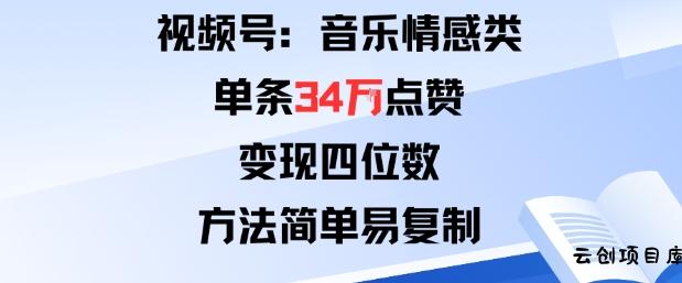 视频号分成计划新玩法：音乐情感类单条34W点赞，变现四位数，方法简单易复制-云创项目库
