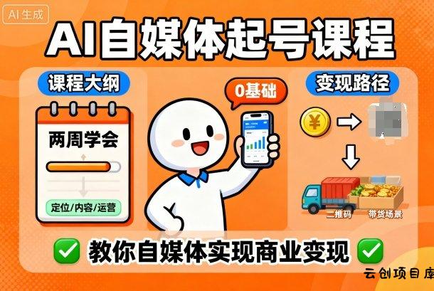 AI自媒体起号课程，0基础小白两周学会，教你自媒体实现商业变现-云创项目库