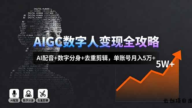 AIGC数字人变现全攻略，AI配音+数字分身+去重剪辑，单账号月入5万+-云创项目库
