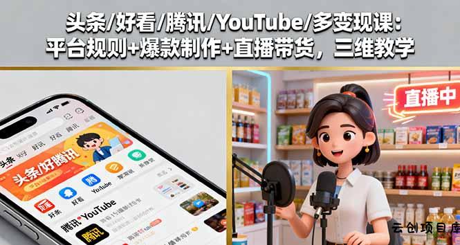 头条/好看/腾讯/YouTube/多变现课：平台规则+爆款制作+直播带货，三维教学-云创项目库