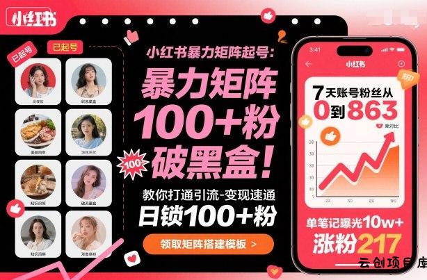 小红书暴力矩阵起号，教你打通引流-变现速通，日锁100+粉，破流量黑盒-云创项目库