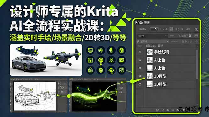 设计师专属的Krita AI全流程实战课：涵盖实时手绘/场景融合/2D转3D/等等-云创项目库