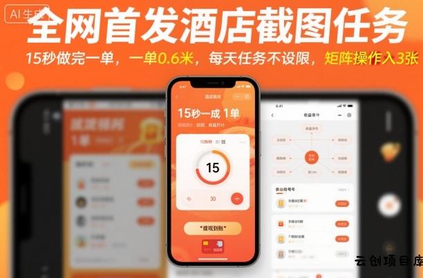 全网首发酒店截图任务，15秒做完一单，一单0.6米，每天任务不设限，矩阵操作日入3张【揭秘】-云创项目库