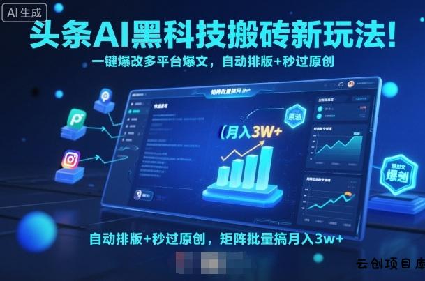 头条AI黑科技搬砖新玩法！一键爆改多平台爆文，自动排版+秒过原创，矩阵批量搞月入3w+【揭秘】-云创项目库