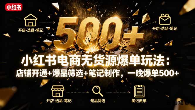 小红书电商无货源爆单玩法：店铺开通+爆品筛选+笔记制作，一晚爆单500+-云创项目库