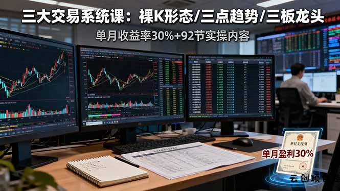 三大交易系统课：裸K形态/三点趋势/三板体系，单月收益率30%+92节实操内容-云创项目库