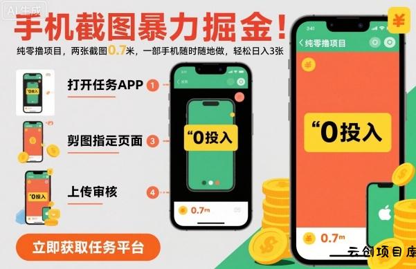 手机截图暴力掘金，两张截图0.7米，一部手机就能做，轻松日入3张【揭秘】-云创项目库