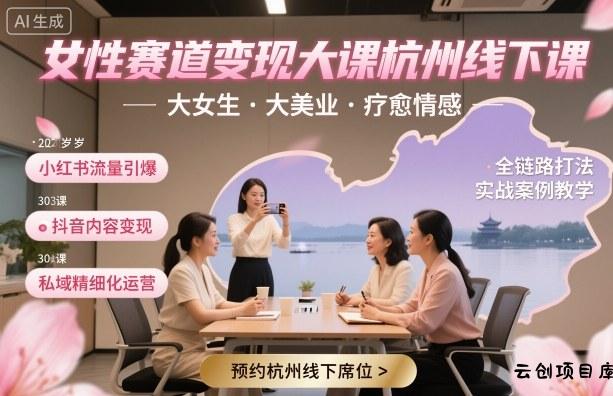 女性赛道变现大课杭州线下,大女生,大美业,疗愈情感,一套小红书、抖音、私域全链路打法
