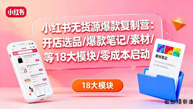 小红书无货源爆款复制营：开店选品/爆款笔记/素材/等18大模块/零成本启动-云创项目库