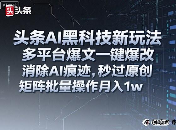 头条AI黑科技新玩法，多平台爆文一键爆改，消除AI痕迹，秒过原创，矩阵批量操作月入1w+【揭秘】-云创项目库
