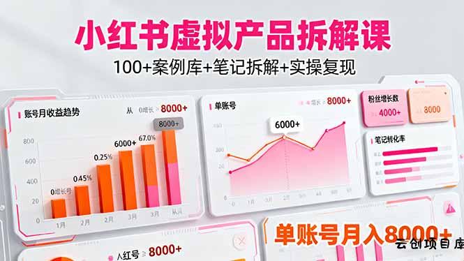 小红书虚拟产品拆解课：100+案例库+笔记拆解+实操复现，单账号月入8000+-云创项目库