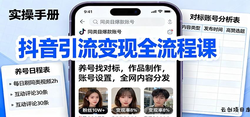 抖音引流变现全流程课：养号找对标，作品制作，账号设置，全网内容分发-云创项目库