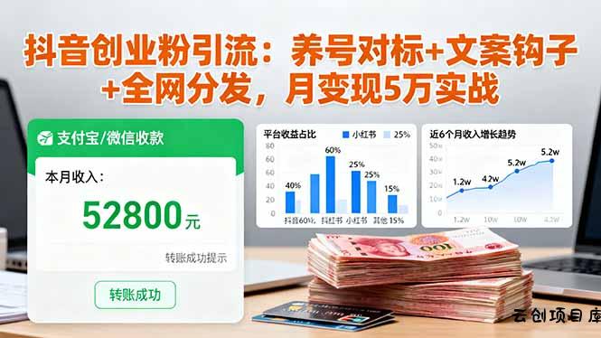 抖音创业粉引流：养号对标+文案钩子+全网分发，月变现5万实战-云创项目库