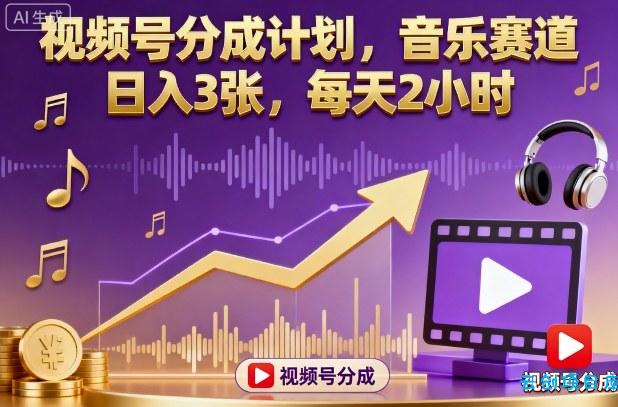 视频号分成计划,音乐赛道,日入3张,每天2小时