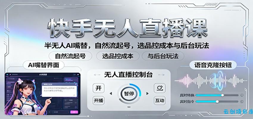 快手无人直播课：半无人AI嘴替，自然流起号，选品控成本与后台玩法-云创项目库