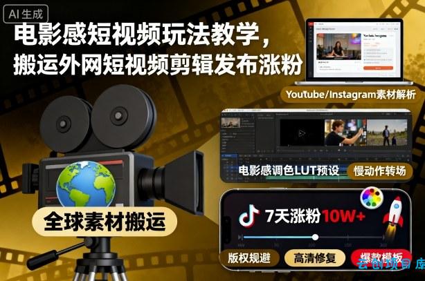 电影感短视频玩法教学，搬运外网短视频剪辑发布涨粉-云创项目库