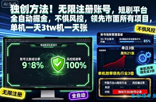 独创方法！无限注册账号，短剧平台全自动掘金，不惧风控，领先市面所有项目，单机一天3张【揭秘】-云创项目库