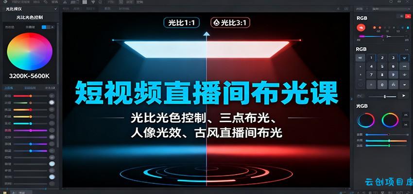 短视频直播间布光课:光比光色控制、三点布光、人像光效、古风直播间布光-云创项目库