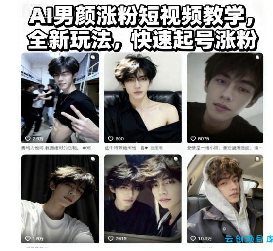 AI男颜涨粉短视频教学,全新玩法,快速起号涨粉-云创项目库