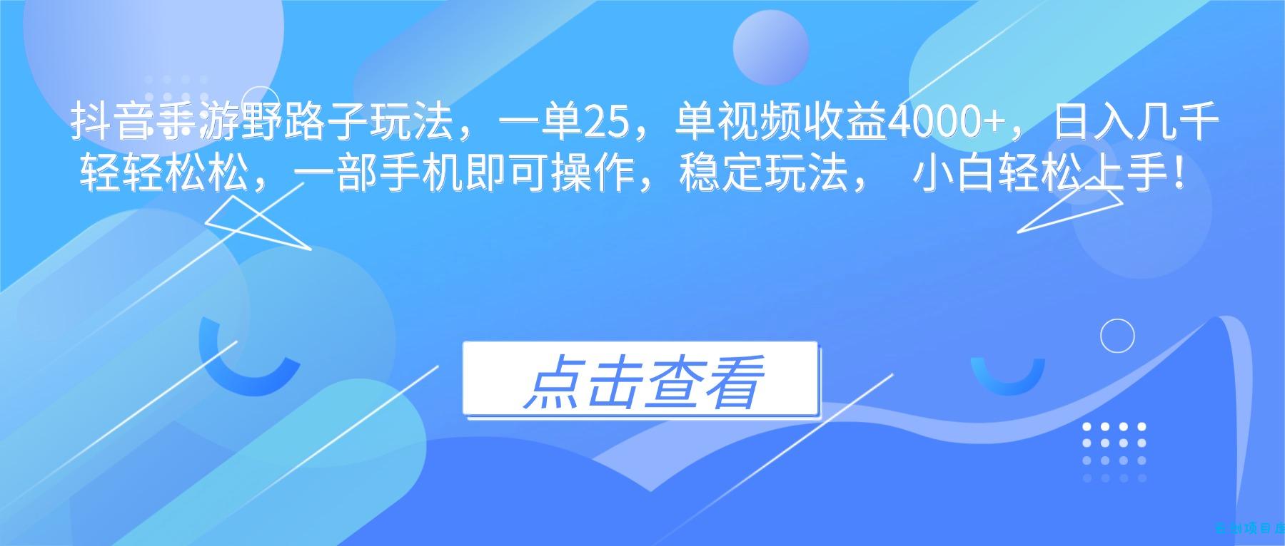 抖音手游野路子玩法，一单25，单视频收益4000+，日入几千轻轻松松，一…-云创项目库