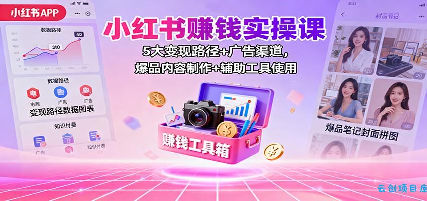小红书赚钱实操课：5大变现路径+广告渠道，爆品内容制作+辅助工具使用-云创项目库