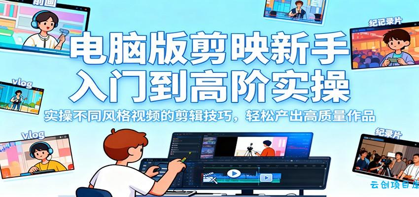 电脑版剪映新手入门到高阶实操,实操不同风格视频的剪辑技巧,轻松产出高质量作品-云创项目库