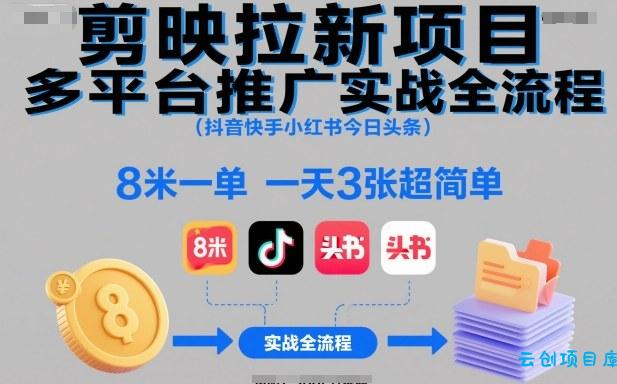 剪映拉新项目多平台推广实战全流程(抖音快手小红书今日头条)，8米一单，一天3张超简单-云创项目库
