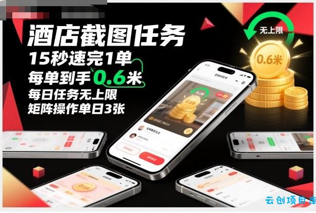 酒店截图任务,15秒速完1单,每单到手0.6米,每日任务无上限,全网首发玩法,矩阵操作单日3张【揭秘】-云创项目库