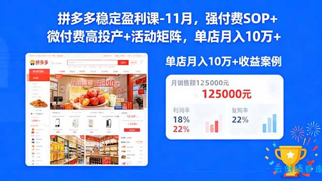 拼多多稳定盈利课-11月,强付费SOP+微付费高投产+活动矩阵,单店月入10w+-云创项目库