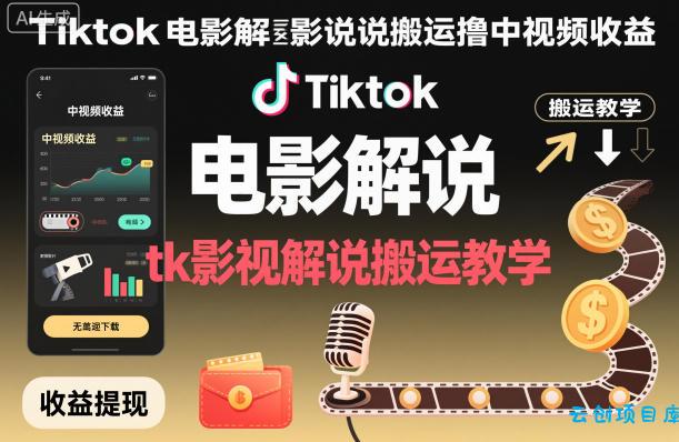 Tiktok电影解说搬运撸中视频收益，tk影视解说搬运教学-云创项目库