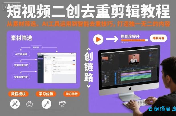 短视频二创去重剪辑教程,从素材筛选、AI工具运用到智能去重技巧,打造独一无二的内容-云创项目库